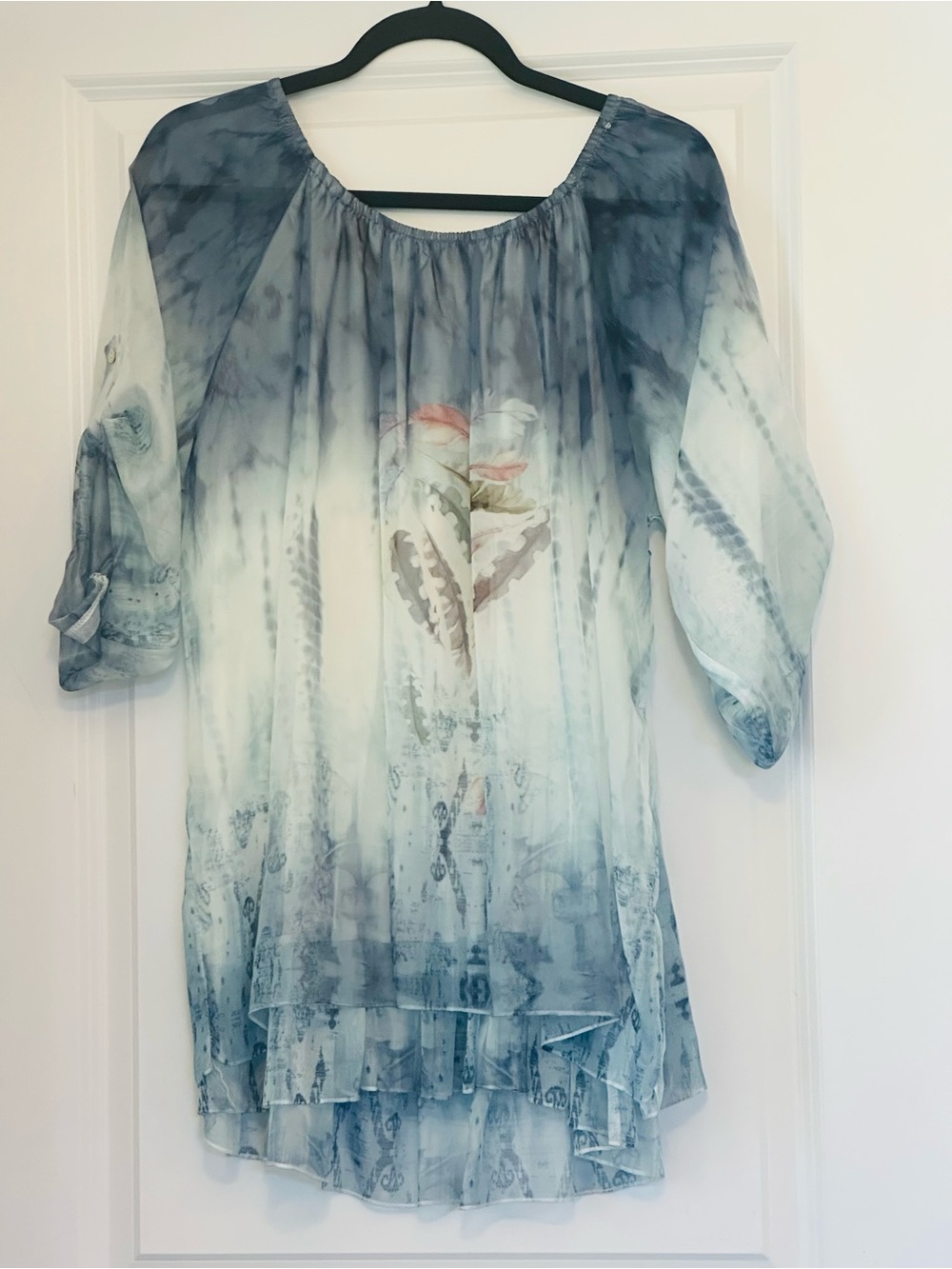 CREATION Blouse Boho Blues Yellow Off/On Shoulder Feathers Chiffon Sz M - XL